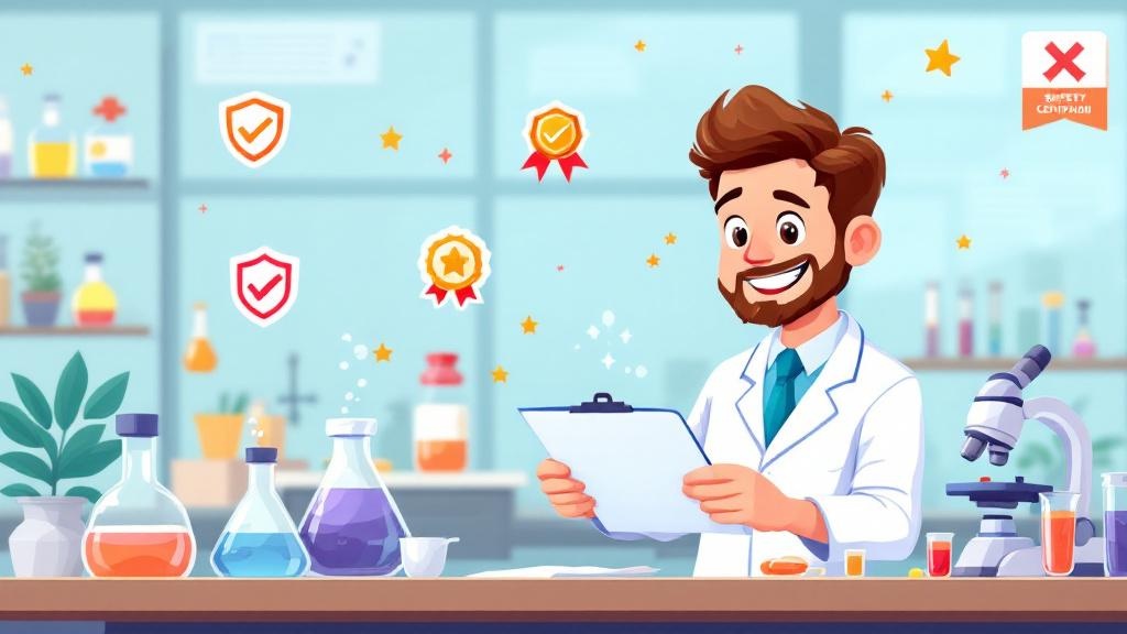 Cartoon lab testing scene with scientist and equipment