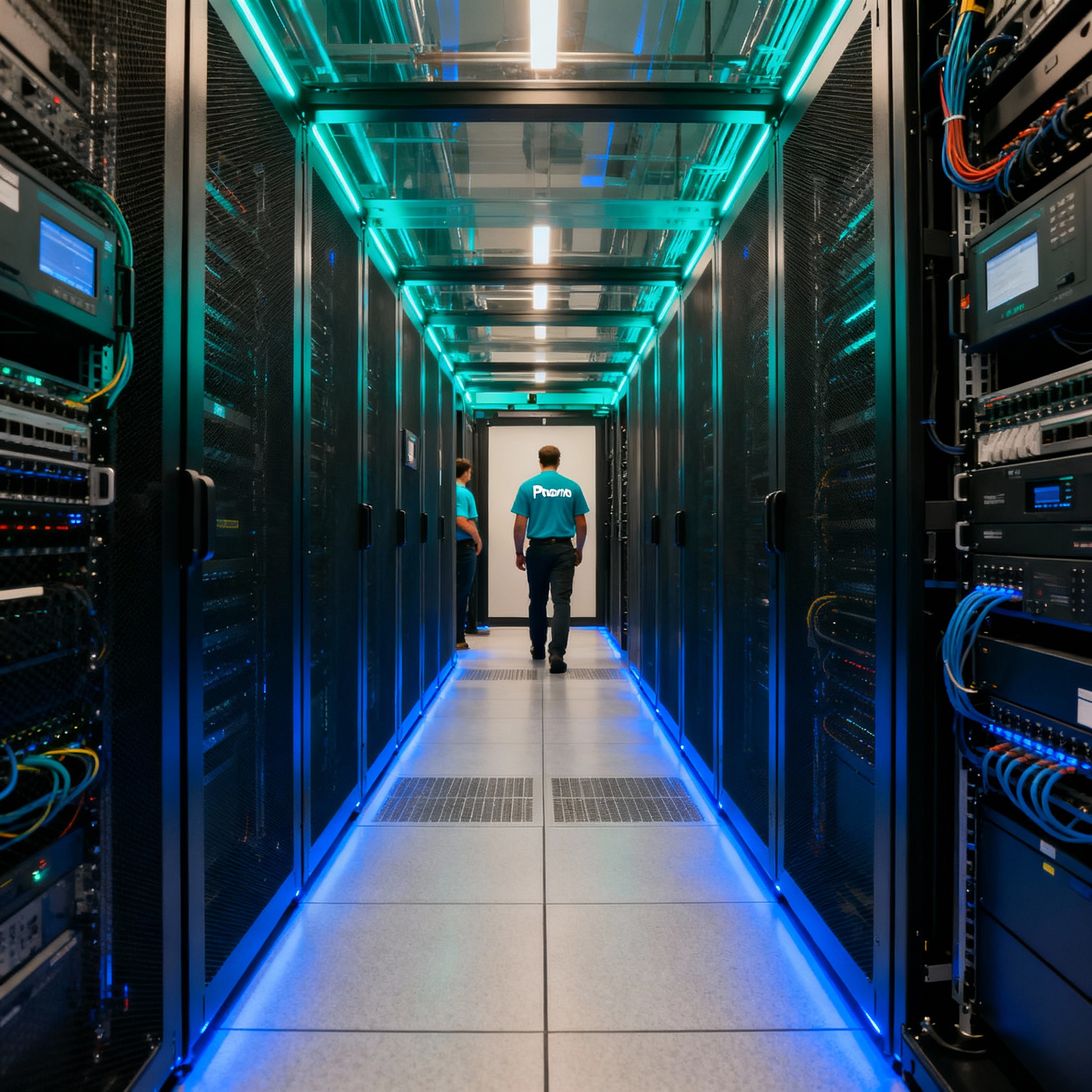 Photorealistic scene of a secure Phoenix data center aisle with racks and blue ambient lighting, professional and trustwor...