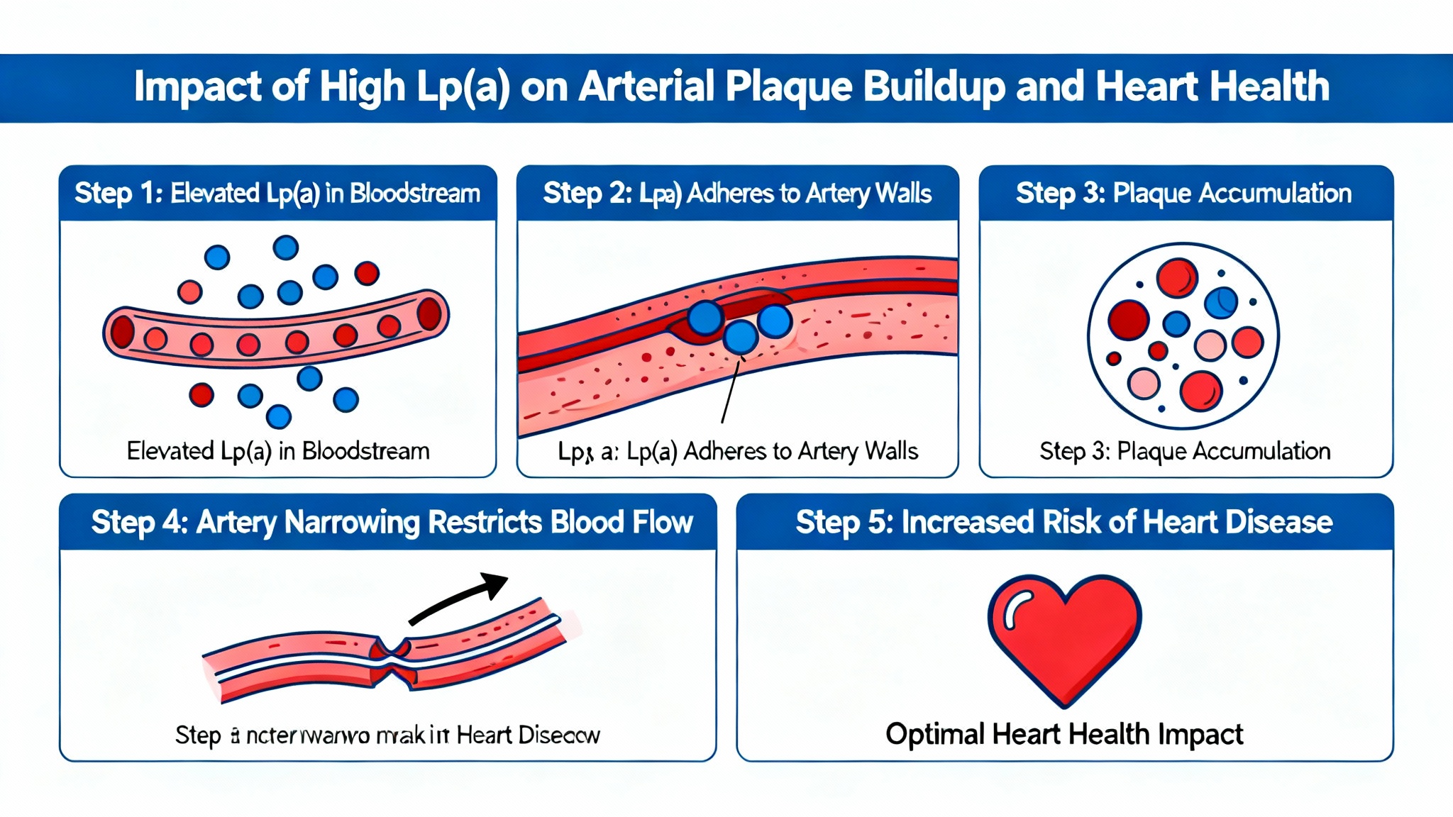 Infographic showing how high Lp(a) increases plaque buildup in arteries, leading to heart disease and impacting optimal heart health