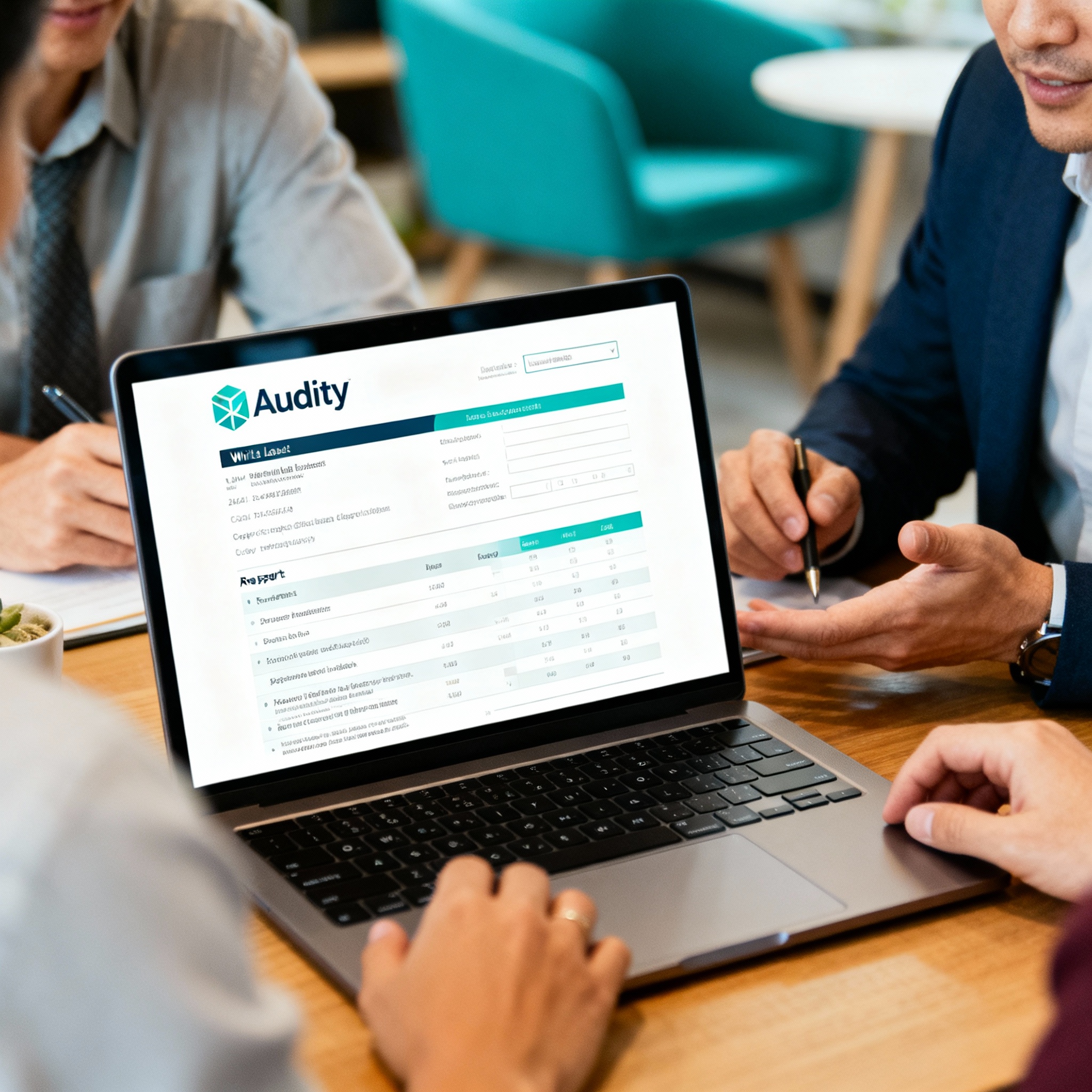 Close-up photorealistic scene of a focused agency team around a laptop reviewing a branded white-label audit report, moder...