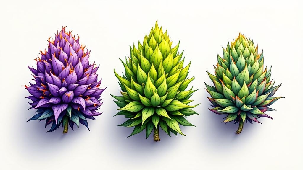 Cartoon cannabis flowers showing strain varieties