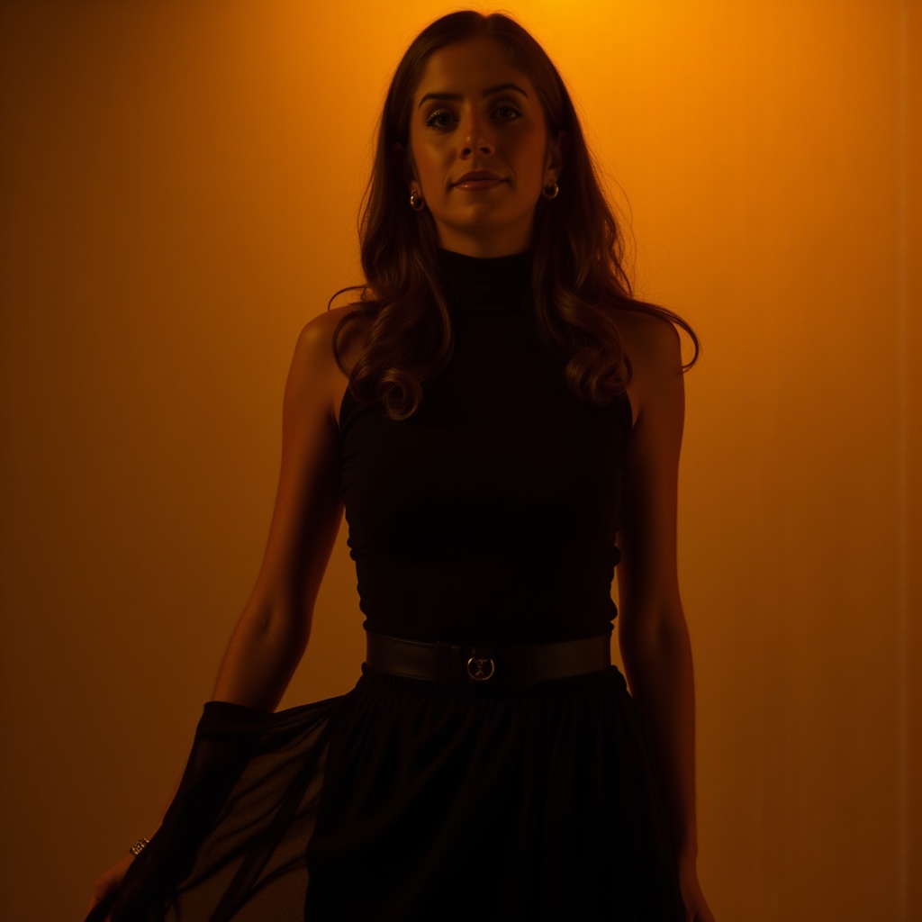 A professional female model in a flowing black turtleneck, standing against a warm gradient backdrop, captured in cinematic sepia with dramatic lighting.