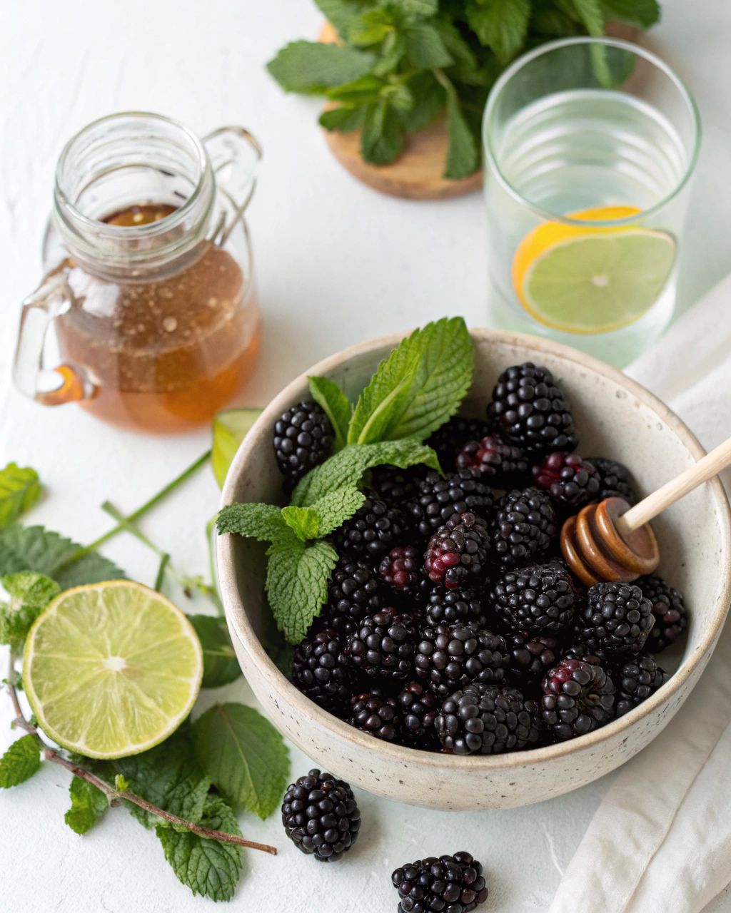 Refreshing Blackberry Fizz Mocktail Recipe | 3-Minute Magic 2 Blackberry Fizz Mocktail ingredients laid out on clean white counter