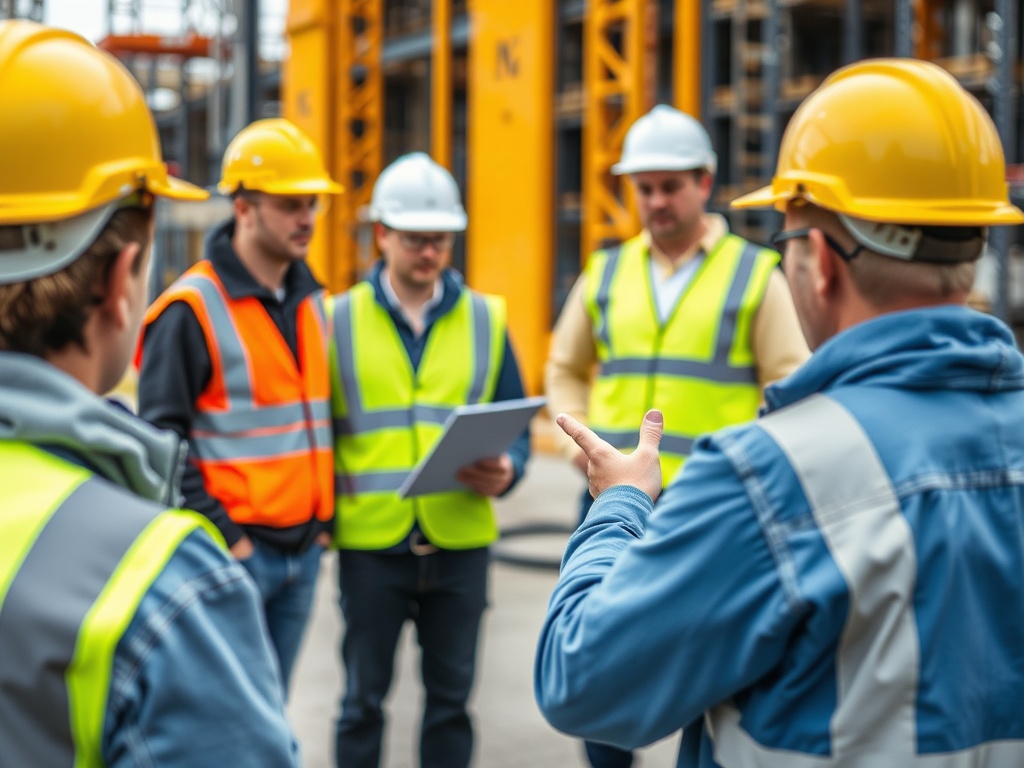 Health and safety induction session for construction labourers with site supervisor explaining PPE requirements and site hazards on West Midlands building project