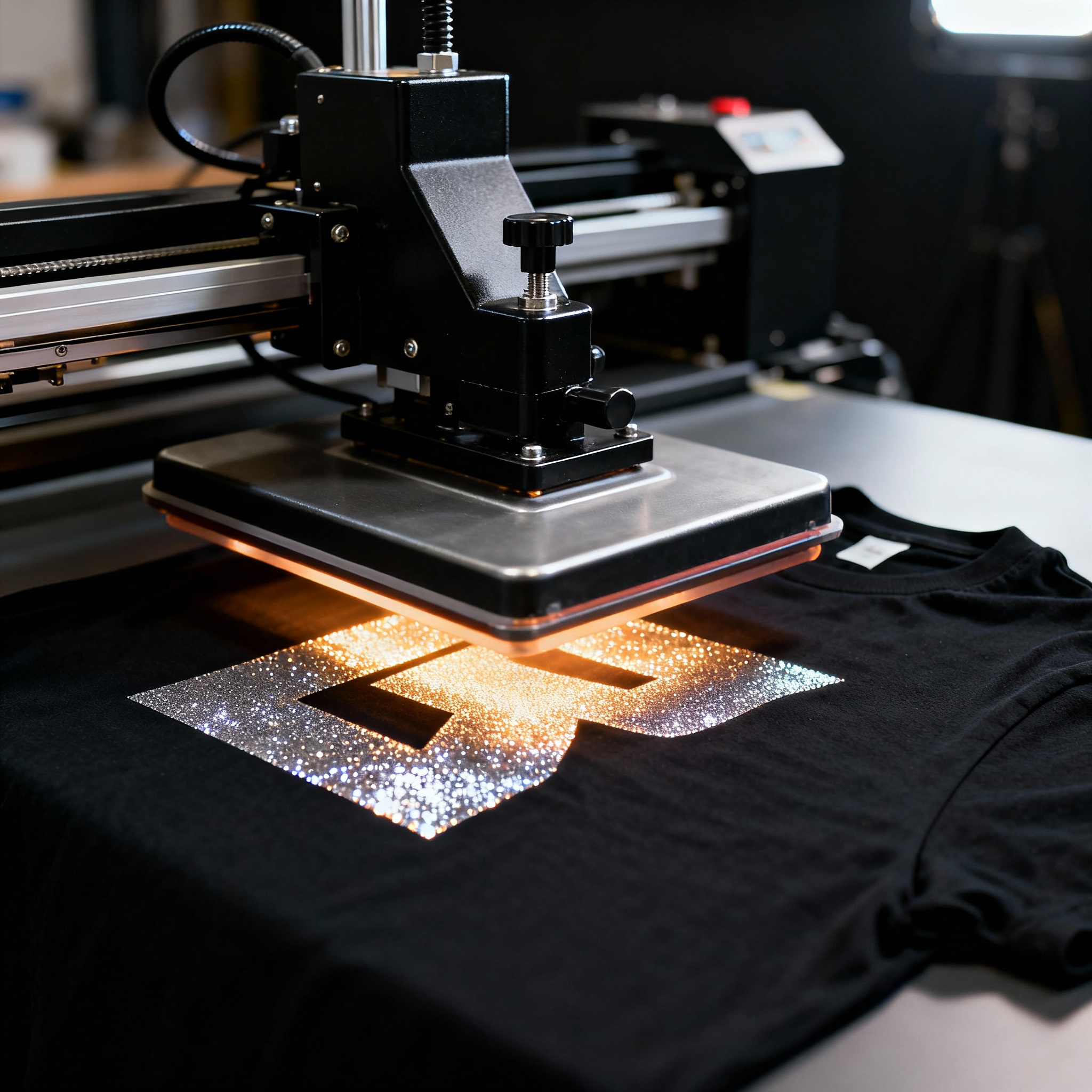 Close-up action photo of a heat press lowering onto a glitter DTF transfer on a black t-shirt, realistic studio lighting, ...