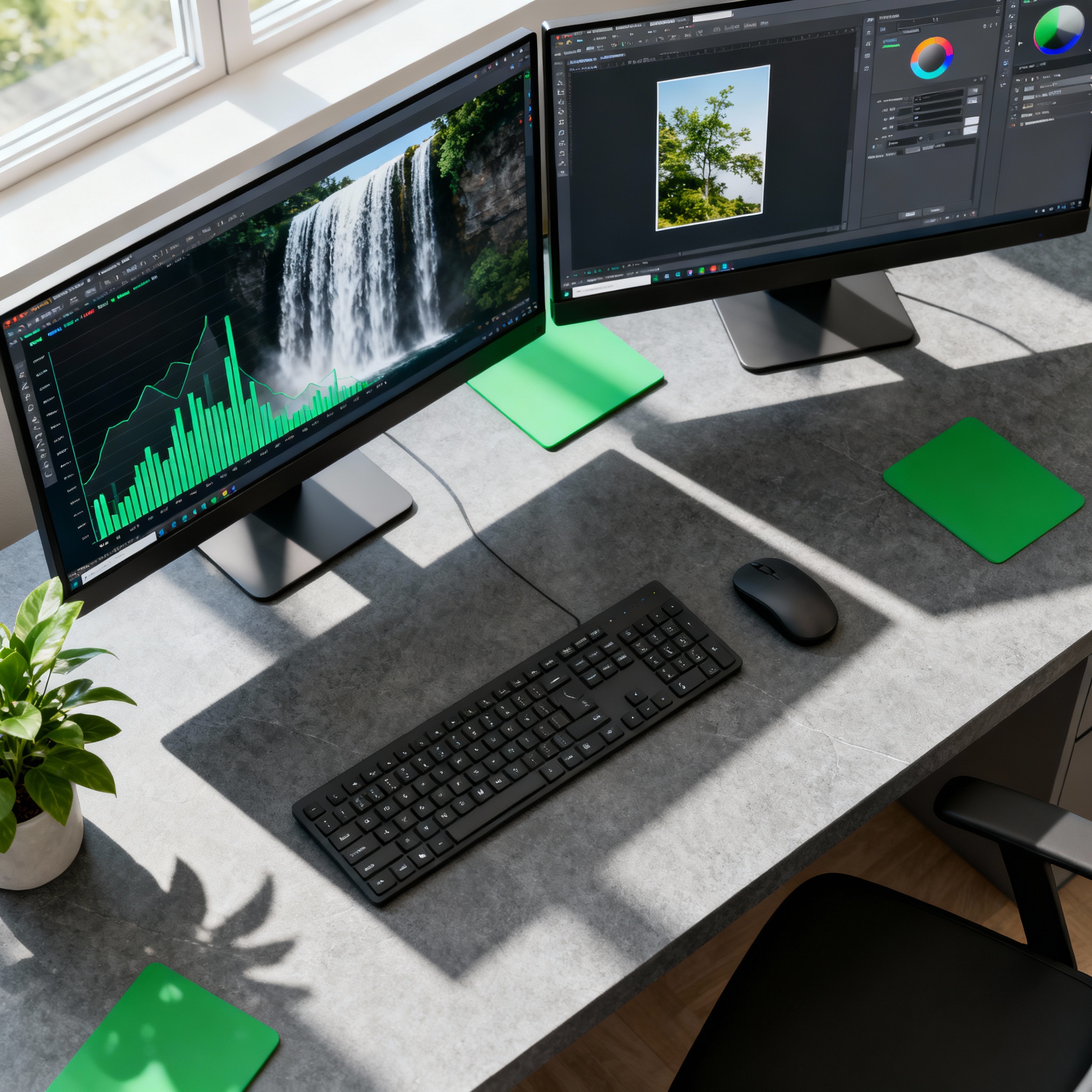 How to Fix a Slow Dental Website: Speed Tips for Dental Practices 3 Photorealistic overhead of a developer workstation with dual monitors, one showing a waterfall chart, the other showing an...