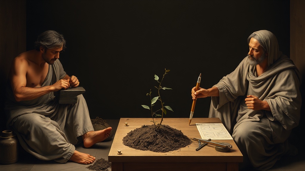 고전적 조명 아래 작업하는 사람들의 장면, 도구와 묘사가 돋보이는 정서적 이미지