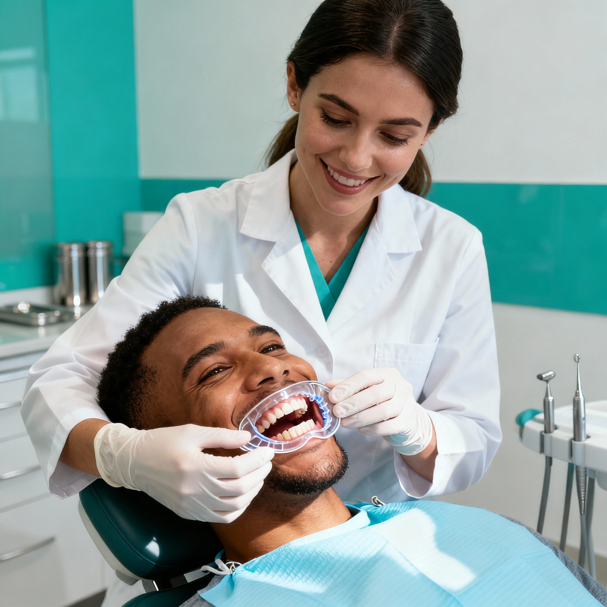 Photorealistic scene of a female dental hygienist fitting a clear take-home whitening tray into a patient’s mouth in a bri...