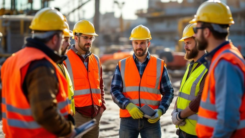 Construction team conducting safety meeting on job site