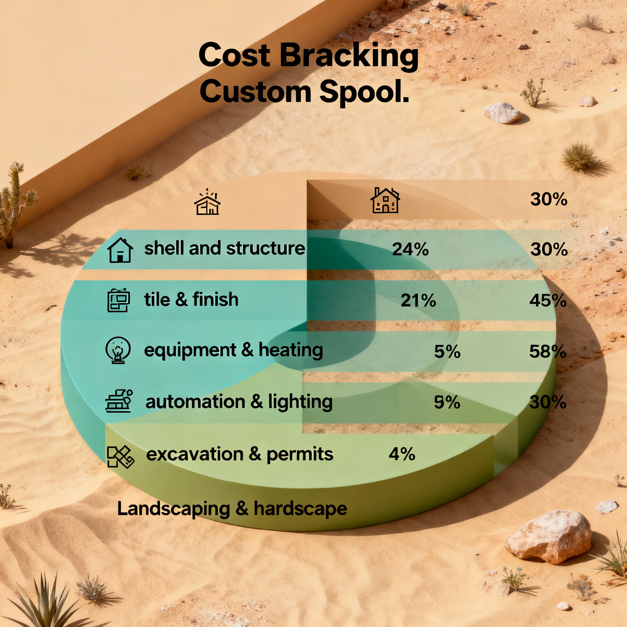 Isometric infographic style diagram showing cost breakdown categories for a custom spool: shell and structure, tile & fini...