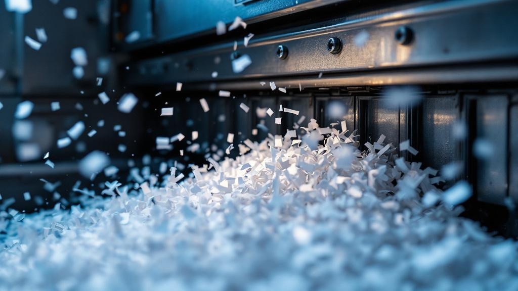 Industrial shredder destroying confidential documents into particles