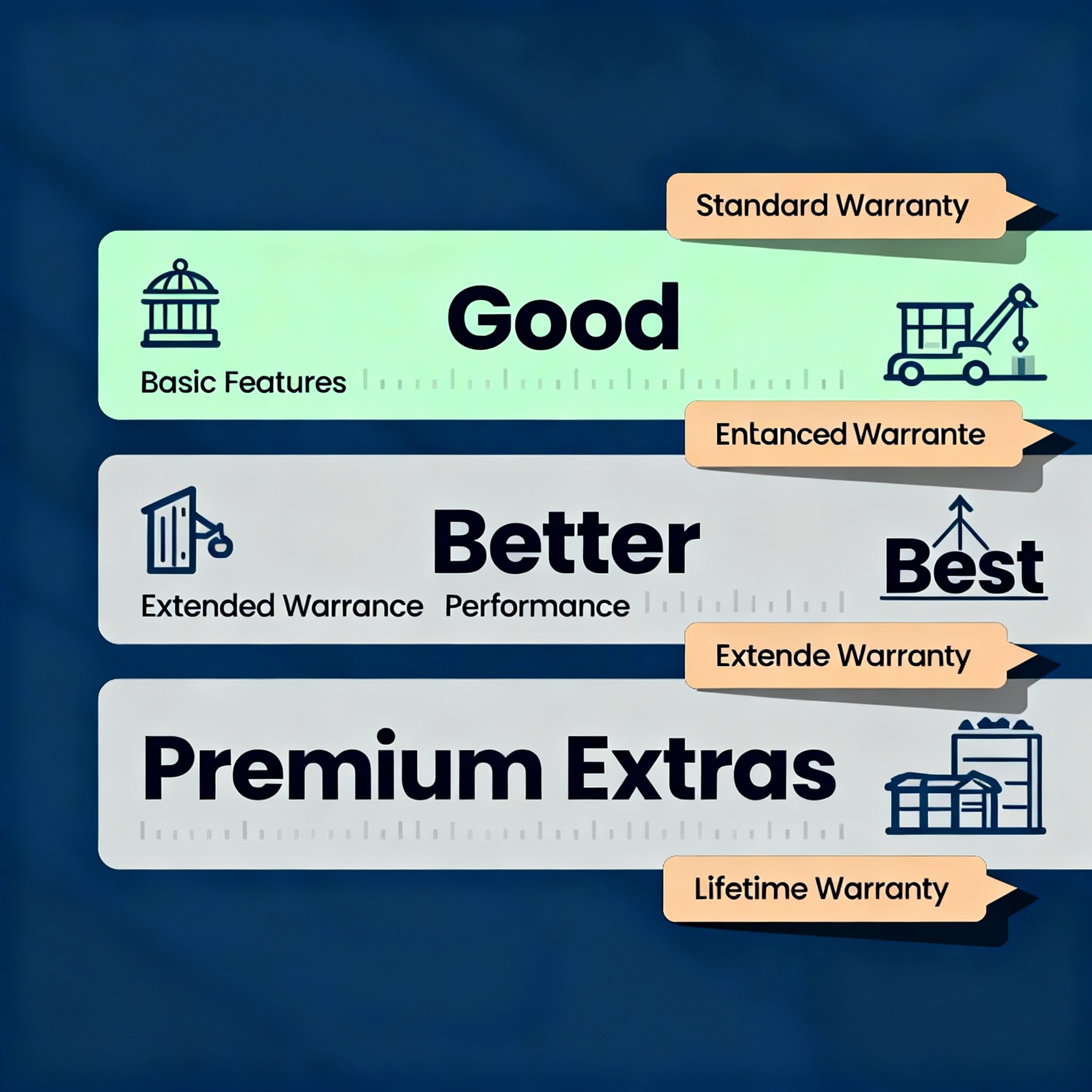 Minimalist infographic style illustration showing three price tiers labeled Good, Better, Best, with callouts highlighting...