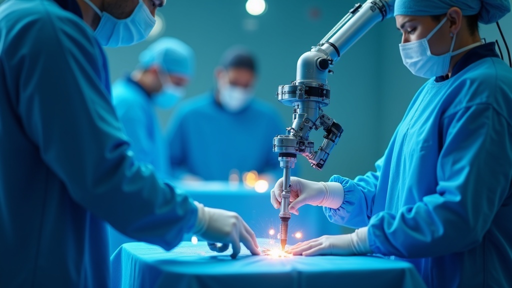 El robot quirúrgico Rosa en un quirófano moderno, mostrando su brazo articulado de alta precisión junto al equipo médico.