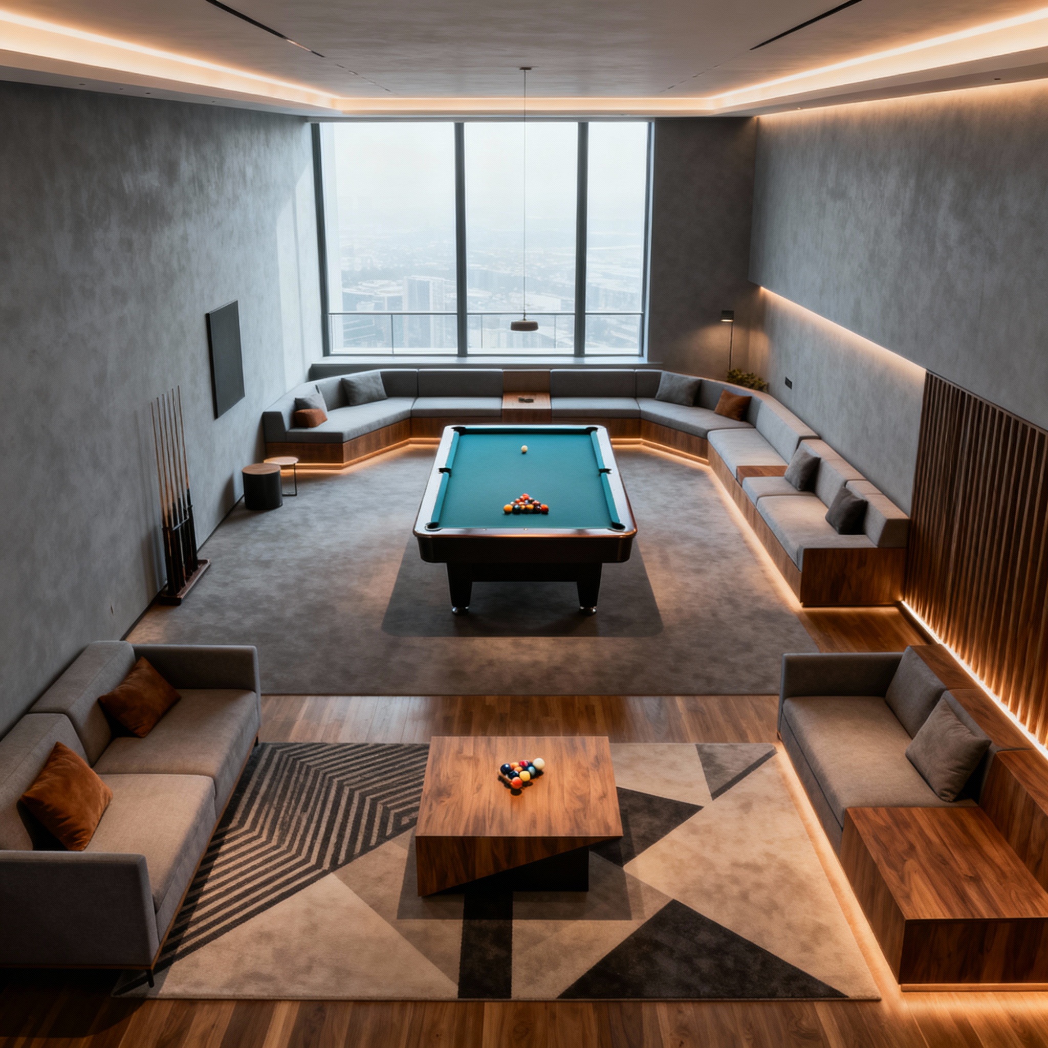Overhead photorealistic composition of penthouse game room with pool table, seating, and ambient lighting, clean minimal s...