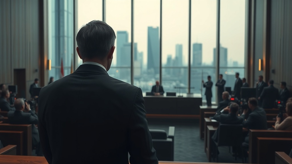 현대 법정 내부의 영화적 장면