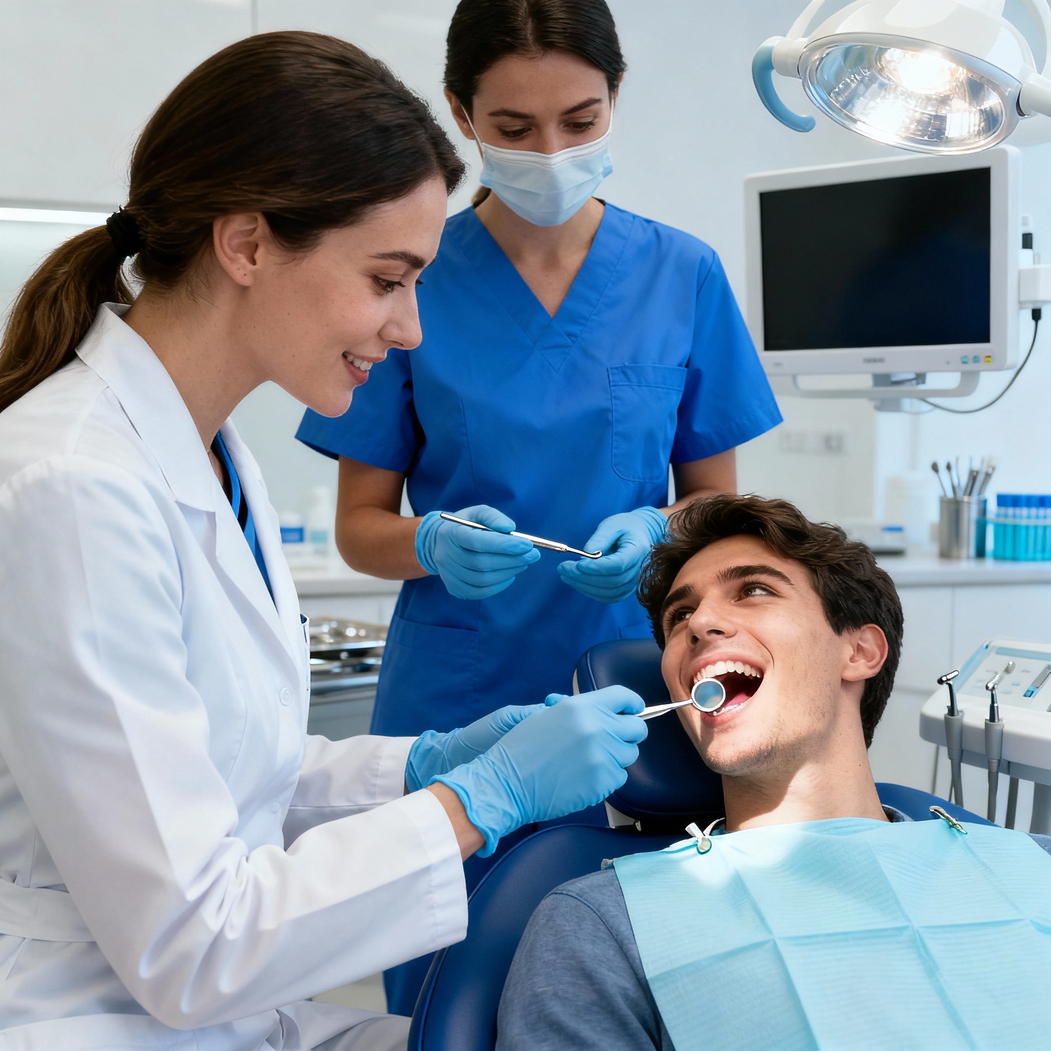 Close-up action photo of a female dentist examining a patient in a chair with an assistant handing tools, photorealistic, ...