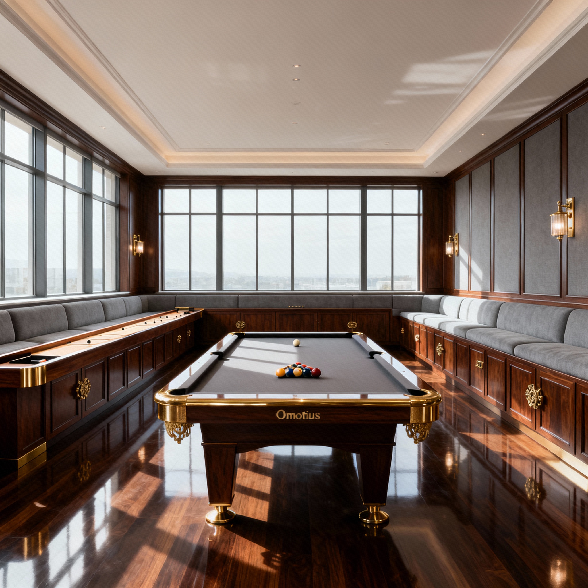 Wide-angle photograph of a modern game room featuring an Optimus pool table and a matching long shuffleboard along the opp...