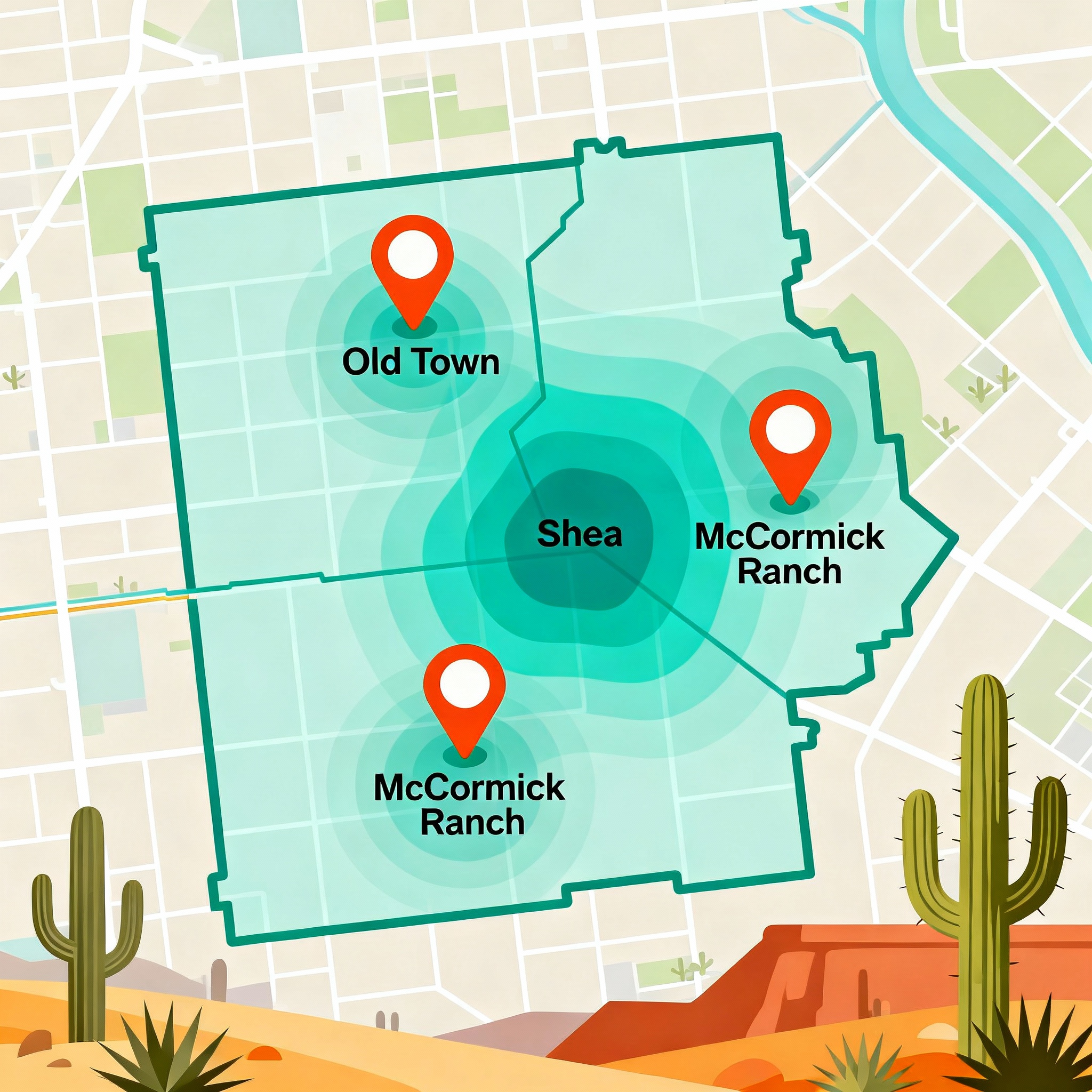 Stylized map of Scottsdale with pinned neighborhoods like Old Town, Shea, McCormick Ranch, showing local search heat zones...
