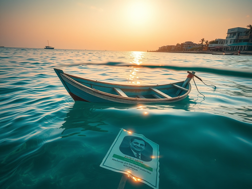 Political Posters Sinking in the Water Around a Dhoni