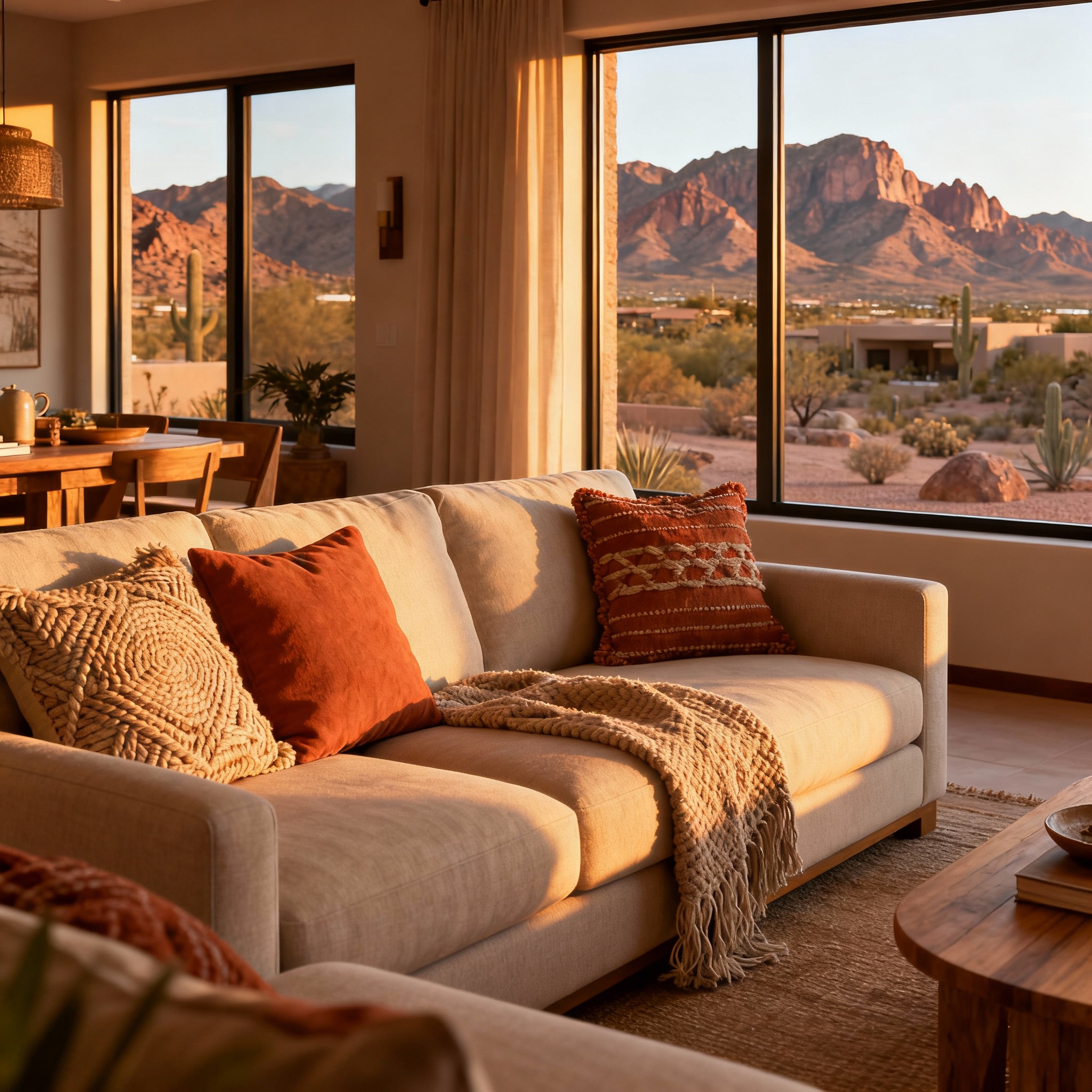 Photorealistic close-up of a comfortable living room in a Fountain Hills vacation home, modern desert-chic decor, large wi...