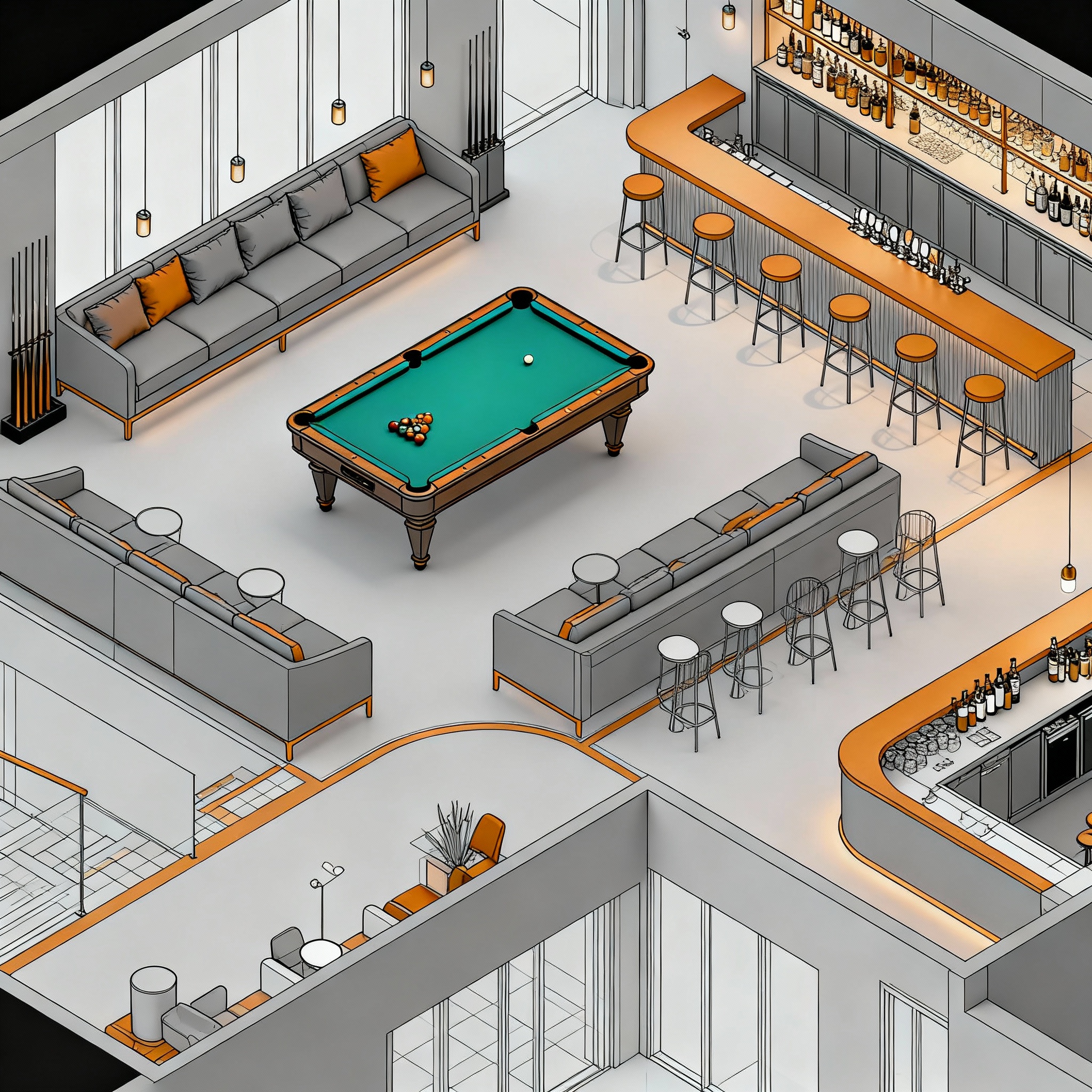 Isometric 3D render of a lounge layout showing pool table position, spectator seating, bar proximity, and circulation path...