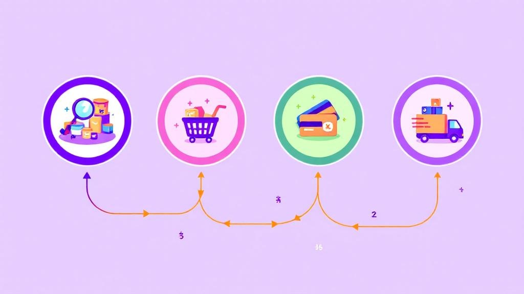 Four-step ordering process visualization cartoon style