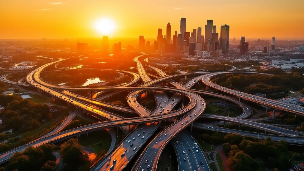 Houston highway system aerial view at sunset