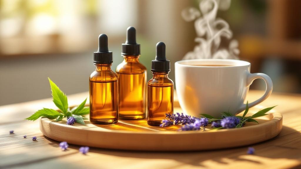 CBD oil bottles with herbal tea morning setup