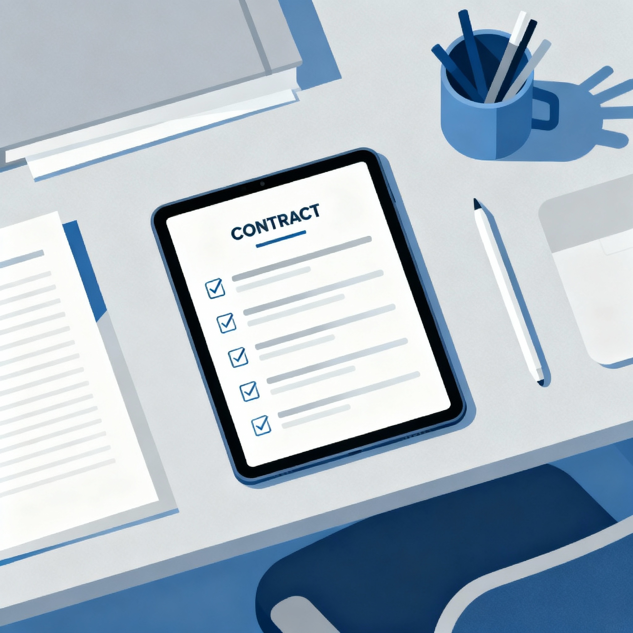 Modern clean workspace showing a checklist of contract sections on a tablet screen, minimalist flat-lay illustration, cool...
