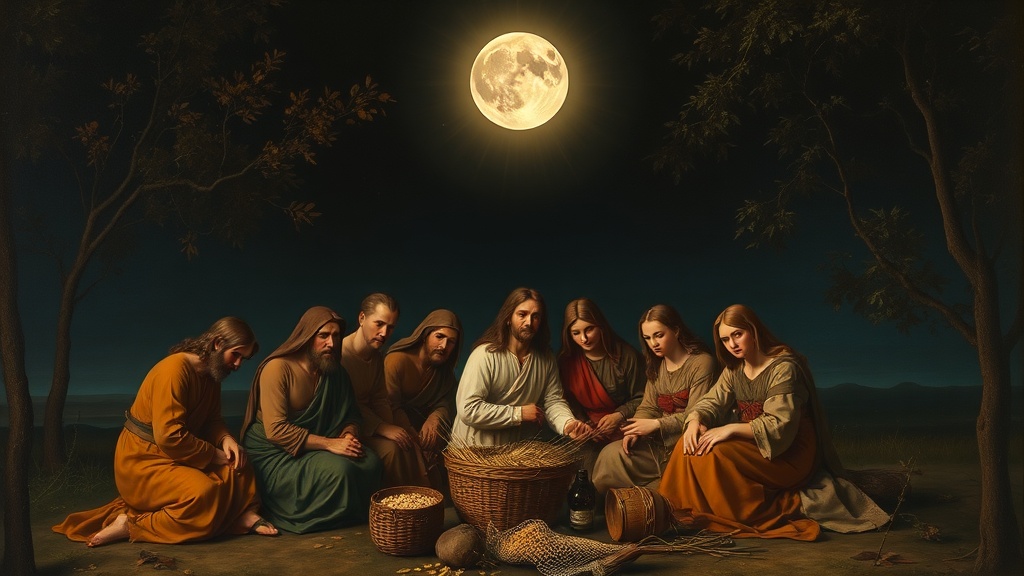 알레고리적 예술 작품, 달빛 아래의 인물들이 모여 준비하는 장면