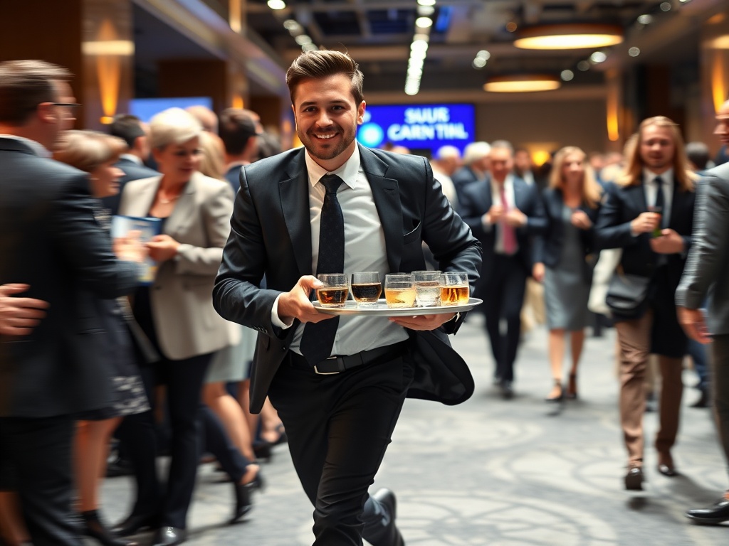 A dynamic scene of a hospitality runner swiftly navigating a bustling corporate event, carrying a tray of drinks, with professional guests in the background. The runner is dressed smartly in event uniform, conveying efficiency and service. Focus on the fast-paced nature of the job.