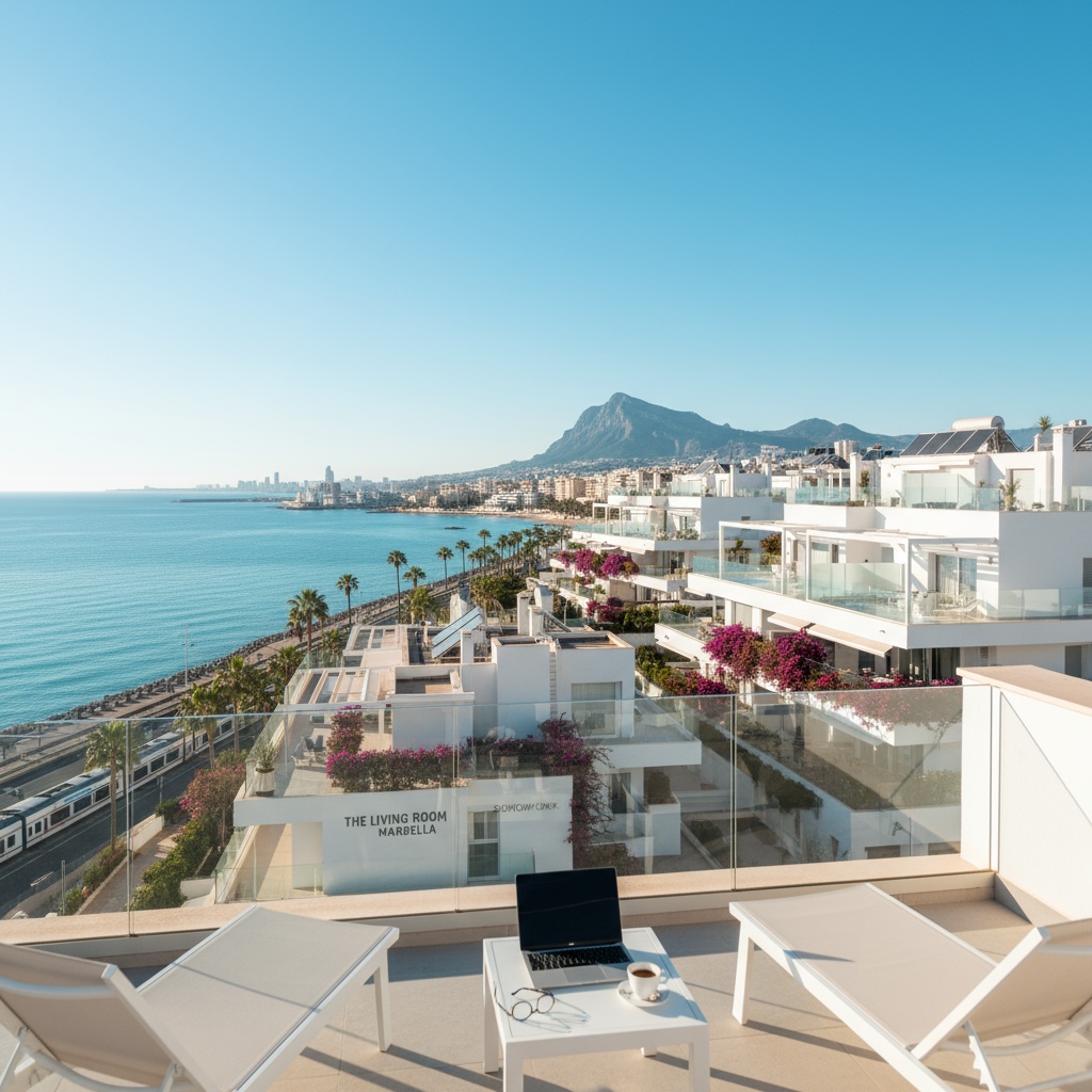 A hyper-realistic, cinematic photograph of the Costa del Sol coastline — taken from a sunny rooftop terrace in Estepona or Ma