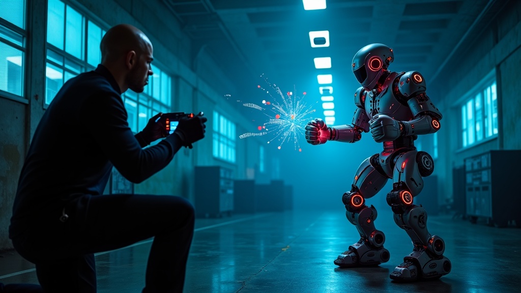 Detalle de la avanzada ingeniería en un robot humanoide de combate.