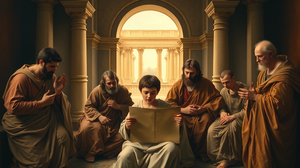 A contemplative allegorical painting suggesting study and discernment