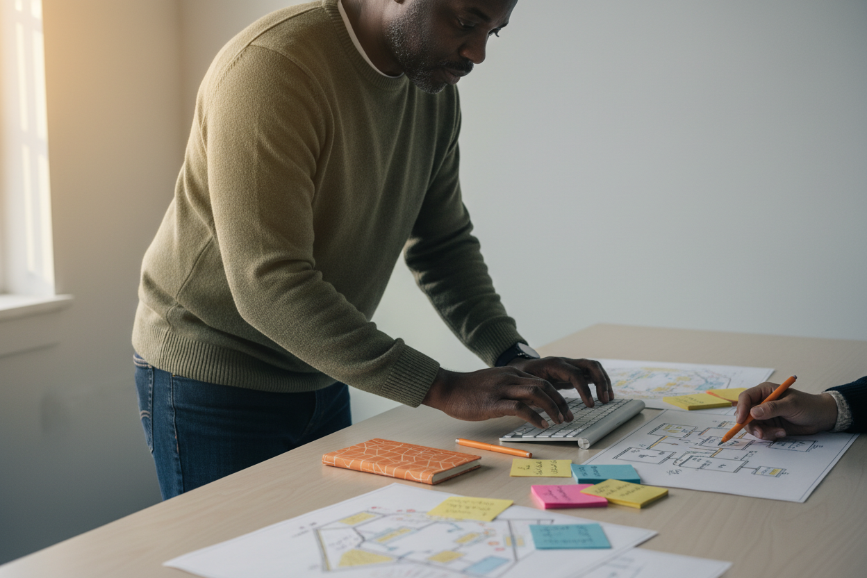 Close-up medium shot of a professional typing on a keyboard beside printed site maps and sticky notes during a strategy session, with a tidy desk and warm backlight highlighting the papers and hands.