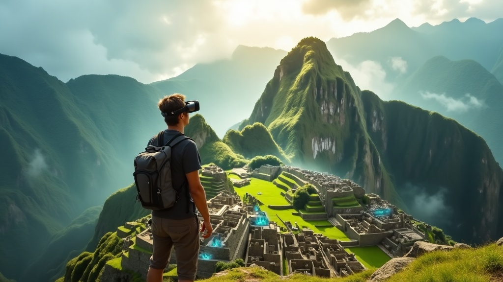 Visitante utilizando gafas VR para explorar la experiencia inmersiva de Machu Picchu en Madrid.