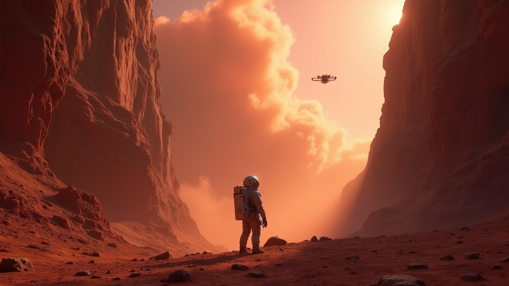 Vista en primera persona de la exploración marciana con un jetpack durante el análisis de Surviving Mars Supervivencia VR.