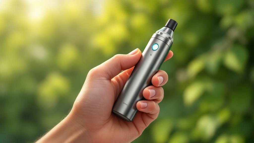 Hand holding CBD vape pen in outdoor setting