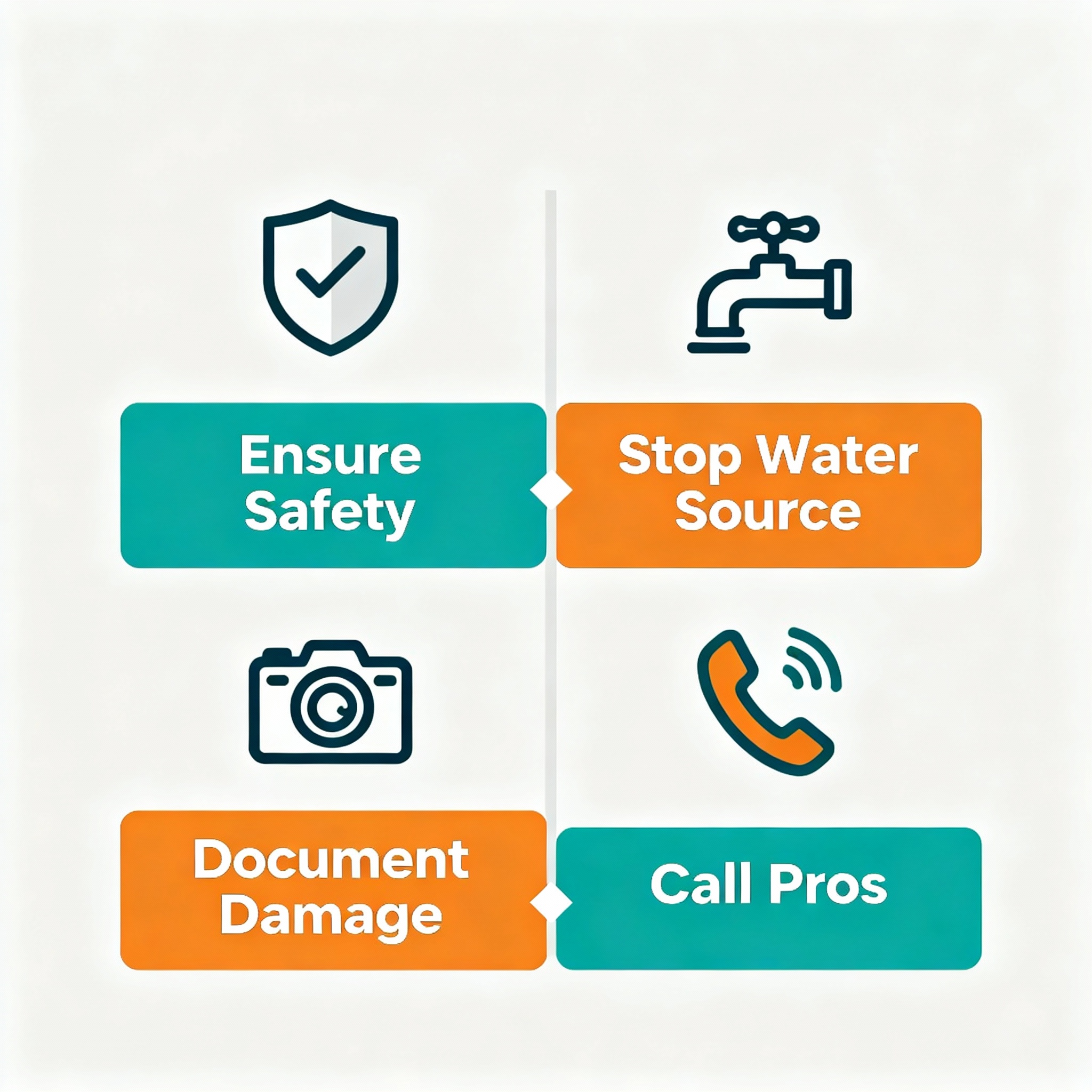 Clean minimalist infographic style showing a 4-step emergency flow: 1) Ensure safety, 2) Stop water source, 3) Document da...