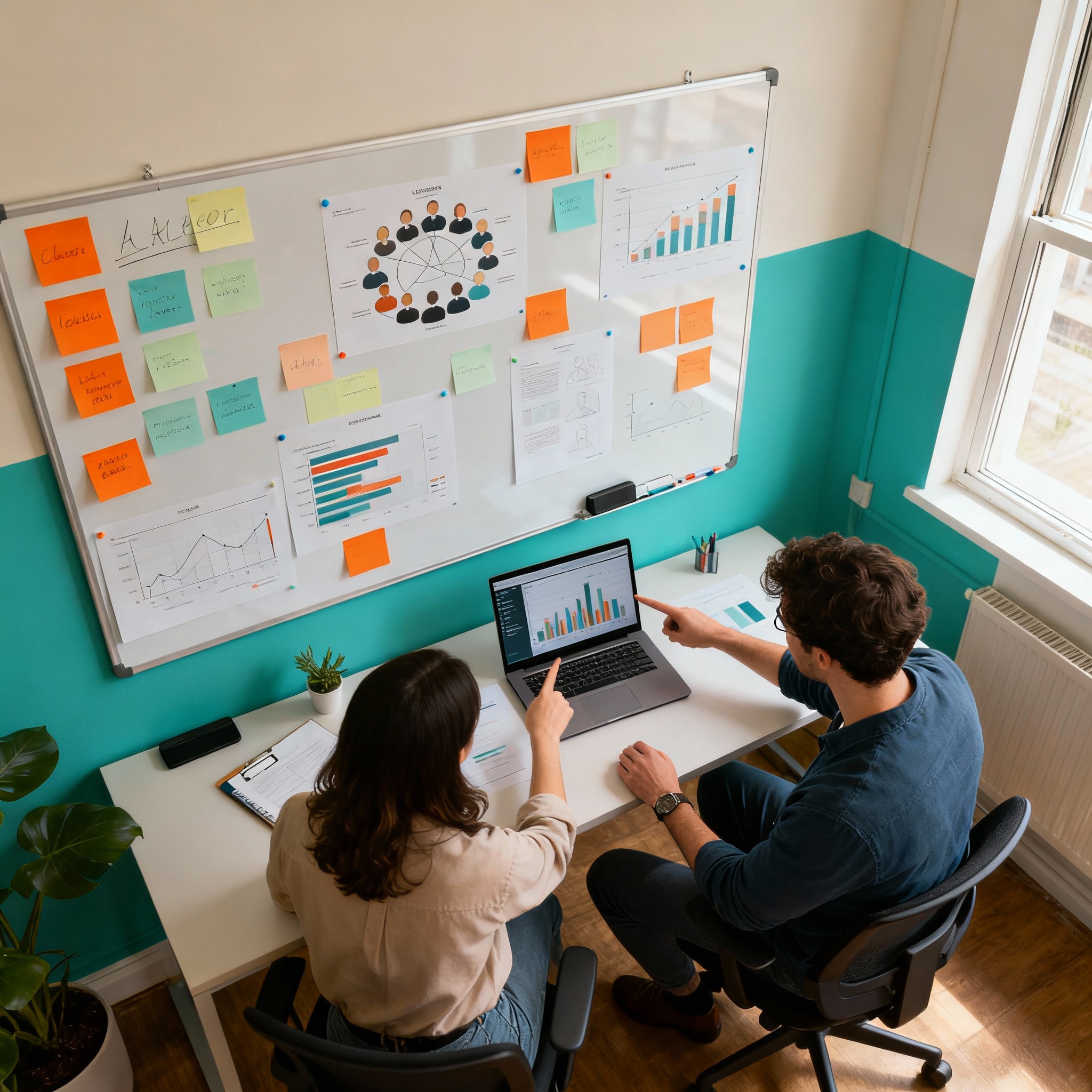 Photorealistic wide header shot of a small agency war room, overhead view, whiteboard covered in sticky notes and audience...