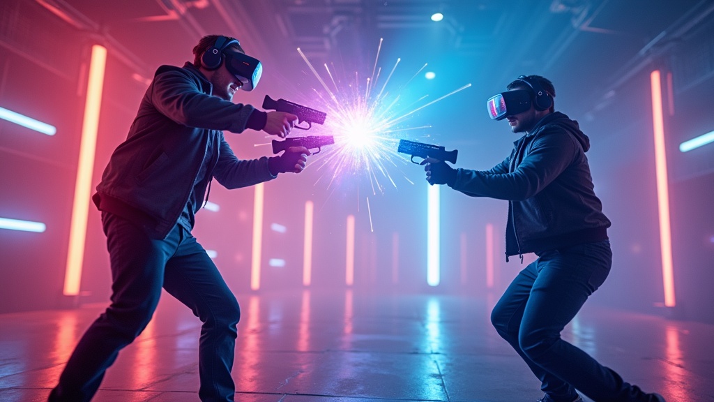 Dos jugadores enfrentándose en un duelo VR Blaston de acción y estrategia en Virtua Barcelona.