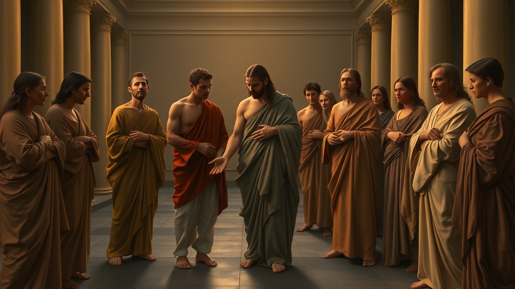 A contemplative, allegorical religious scene rendered in the style of Leonardo da Vinci, intended as a sermon illustration of justice, repentance, forgiveness, and communal responsibility. The setting is a calm classical courtyard at dusk with gentle, diffuse golden light filtering from an unseen high source, creating soft sfumato transitions and a hazy atmospheric depth. Arrange a small group of human figures in a balanced, triangular composition: a central figure slightly forward, with anatomically correct, idealized proportions, offering a compassionate, open hand toward a second figure who is bowed in a posture of remorse. Around them, several other figures observe with varied, deeply expressive faces showing sorrow, empathy, and quiet resolve. All faces are ethnically ambiguous and generalized—avoid any likeness to specific individuals or identifiable demographic features. Clothing consists of simple, timeless draped fabrics and tunics rendered with meticulous attention to folds, texture, and weight, without modern insignia, uniforms, or contemporary accessories. Use a rich, earthy color palette—warm umbers, muted ochres, soft greens and deep umbers—combined with subtle blues in the distant planes. Employ dramatic yet subtle chiaroscuro: warm highlights on faces and hands, darkened recesses in the architecture and lower drapery, and gentle, hazy outlines that blend figures into the background using sfumato. Include intricate background architecture—arches, ionic columns and a low colonnade receding into atmospheric perspective—composed with geometric balance and classical proportion, but avoid any identifiable landmarks or inscriptions. The scene should convey high realism combined with idealized beauty, featuring meticulous facial detail that communicates inner conflict, repentance, compassion, and the possibility of restoration. Background depth should be emphasized by softened distant hills and a muted, luminous sky. Do not include any text, letters, symbols, icons, logos, or banners anywhere in the image. Keep all elements non-specific and universal so viewers from any culture feel no discomfort—no modern technology, no national or institutional references. The overall mood is serene, solemn, and hopeful, with a mastery of light and shadow, delicately blended contours, and subtle, non-literal visual cues (gesture, eye contact, torn or loosened rope-like cords and a simple rolled cloth on the ground) that suggest bondage released and paths toward reconciliation without using explicit symbolic emblems.