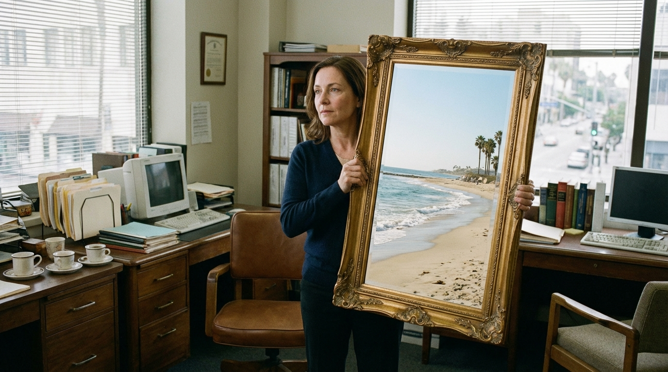 Nano Banana 2 output of a person holding a mirror showing a beach scene, in an office