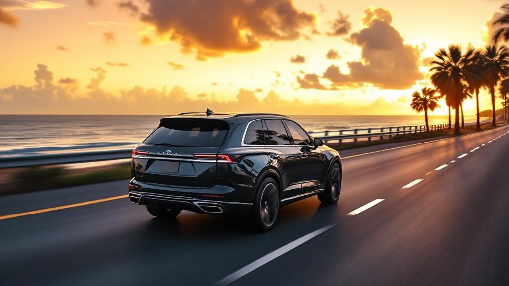SUV driving along Texas coastal highway at sunset