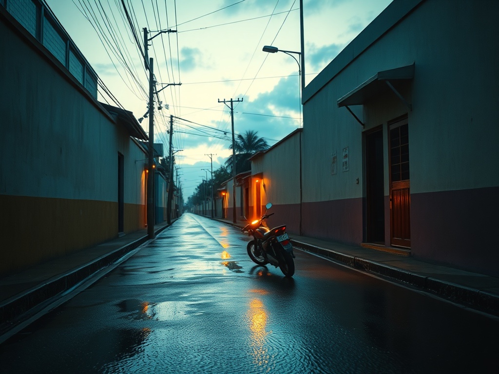 The Motorcycle Parked on a Wet Malé Street at Dusk