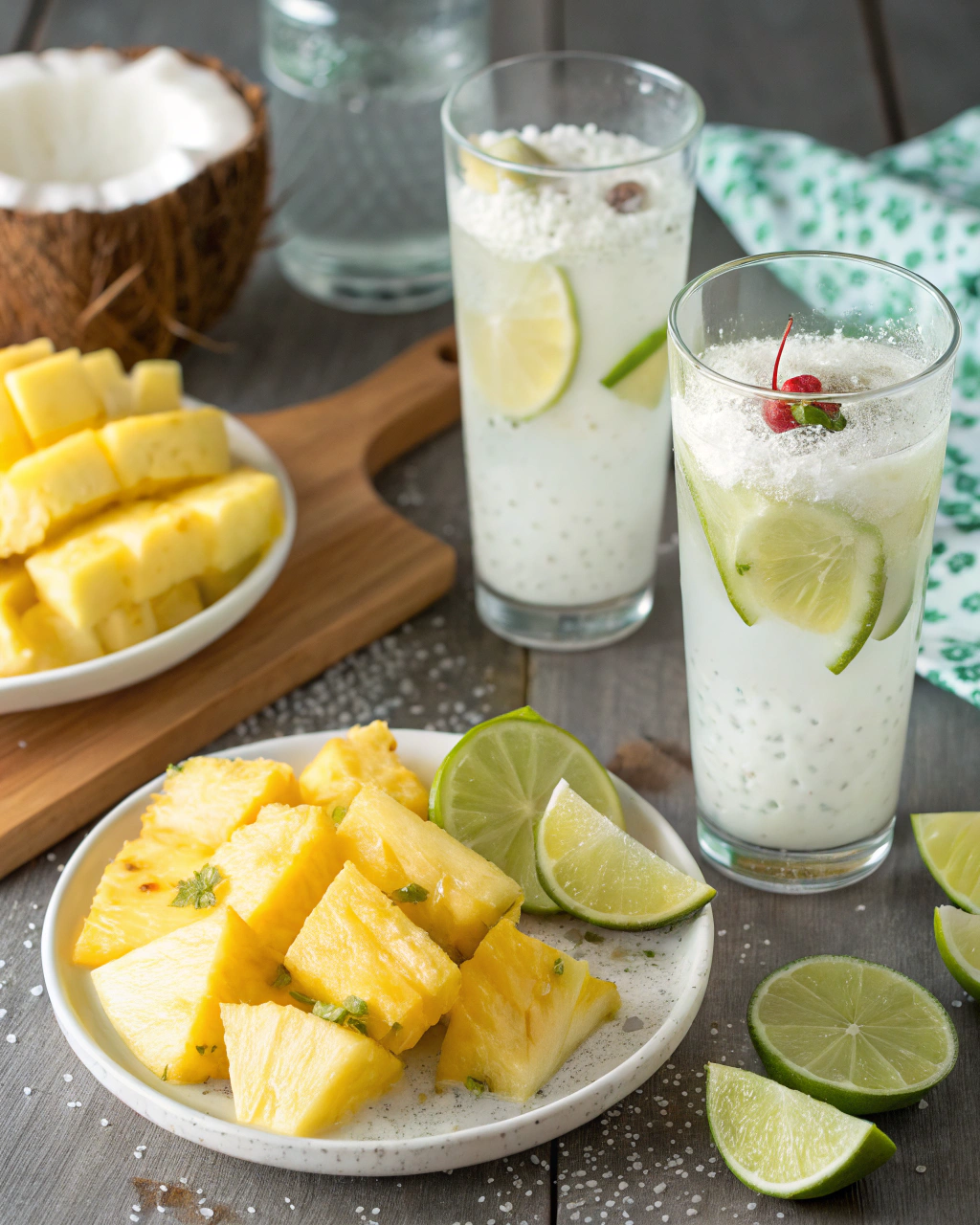 Pineapple Spritzer Mocktail ingredients laid out on clean white counter