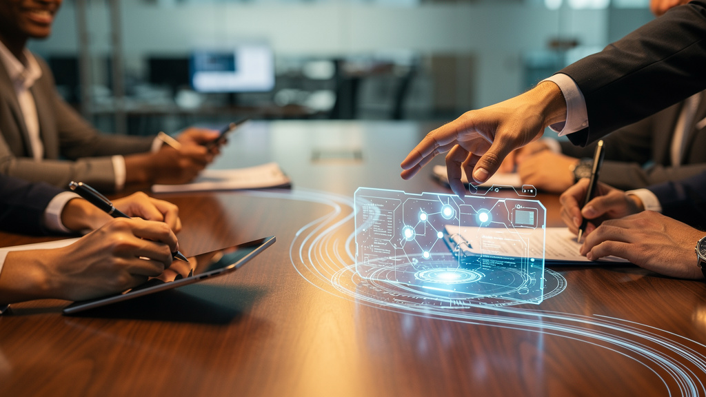 Business team collaborating with AI technology interfaces