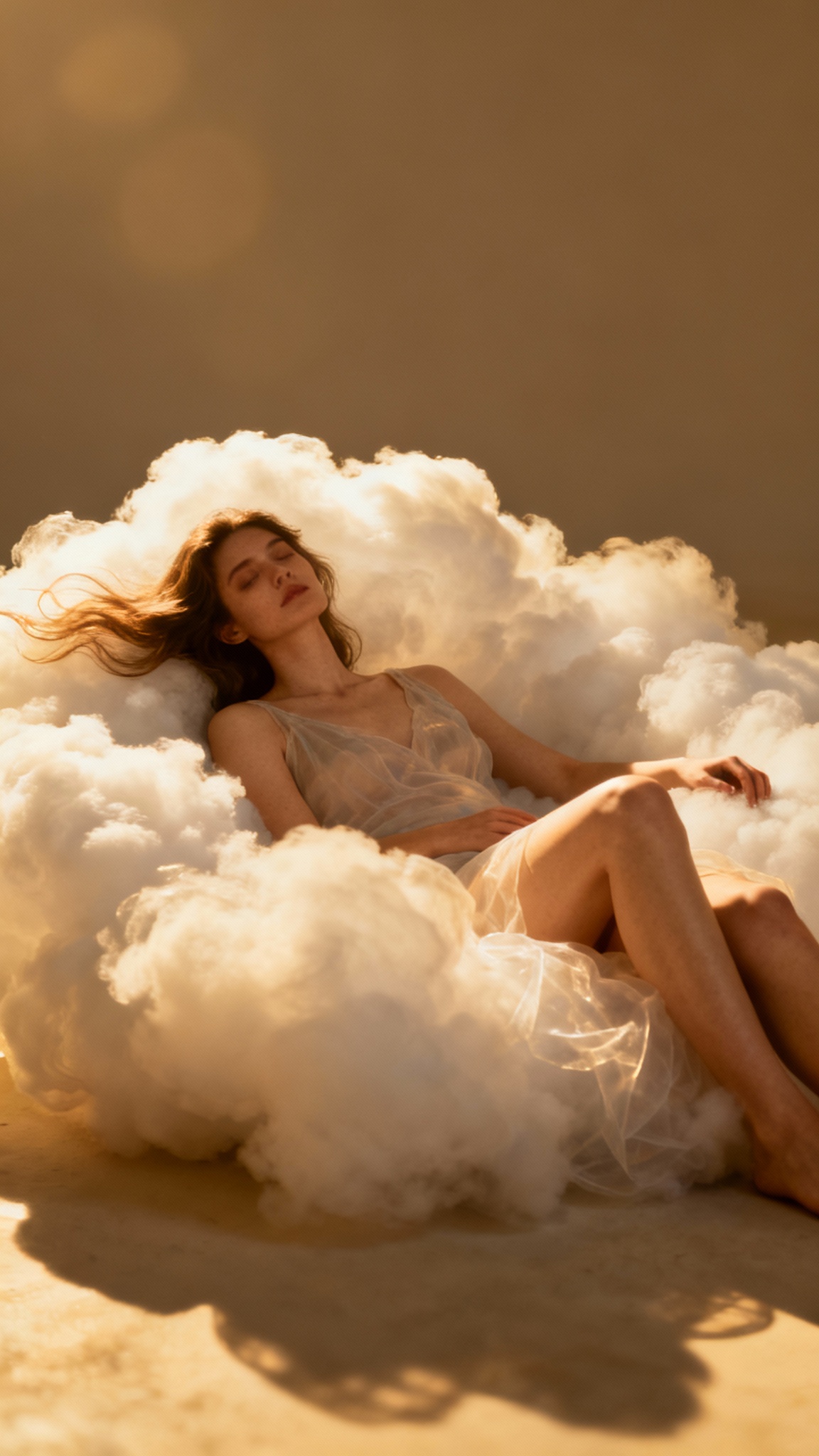 Hyper-realistic studio portrait of a woman reclining in a large fluffy cloud on the ground, soft cinematic lighting, dreamy surreal mood, full-body eye-level shot