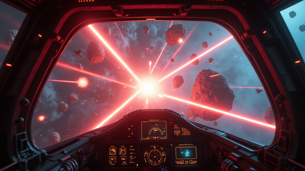 Interfaz de la cabina de la nave en VR Blasteroids durante una sesión de combate 6DOF