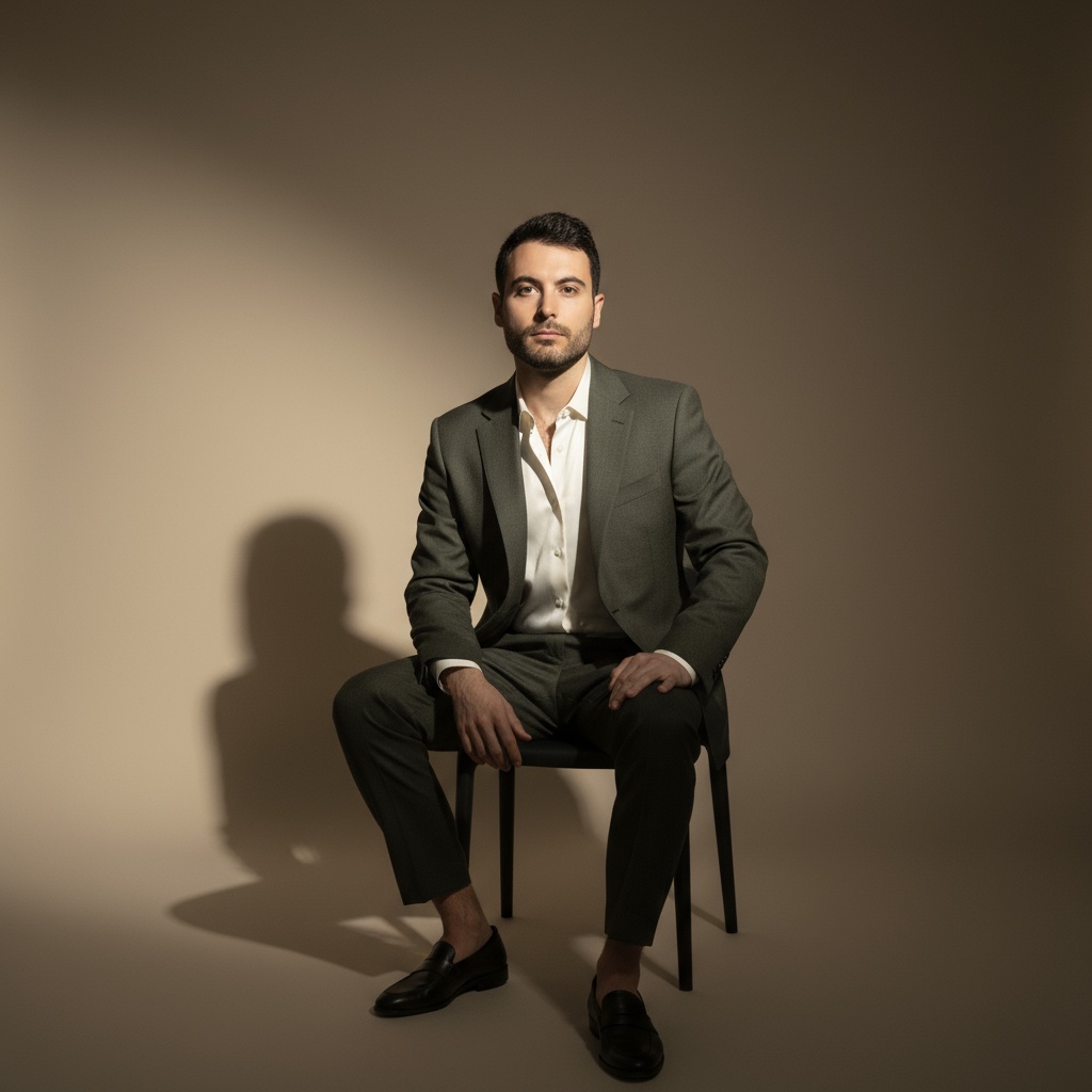 A mid-length portrait of a young man with short dark hair, dressed in contemporary designer wear against a beige gradient backdrop.
